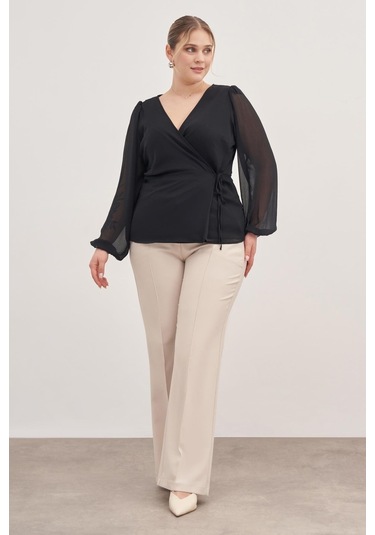 Astarlı Bağlama Detaylı Şifon Bluz-1760 Siyah