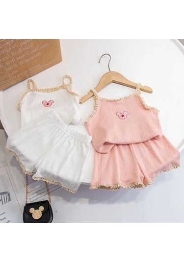 Pembe Kızların Ev Giyim Seti Çocuk Yaz Jartiyer Pijama Ince Kesit Bebek Yelek Klima Giyim Takım Elbise Ayı Nakış Pembe