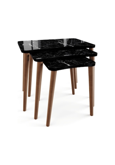 Zigon Sehpa & Yan Sehpa 3'Lü Ahşap Ayaklı Sehpa - Siyah Mermer