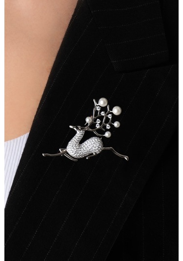 Ren Geyiği 18 Ayar Beyaz Altın Kaplama Gümüş Broş Beyaz Altın Kaplama