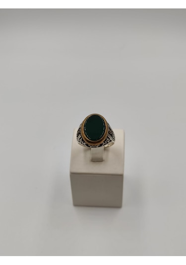 Yeşil Akik Taşlı Düz Kesim Erkek Yüzüğü 26 Mm 925 Ayar Gümüş Yüzü