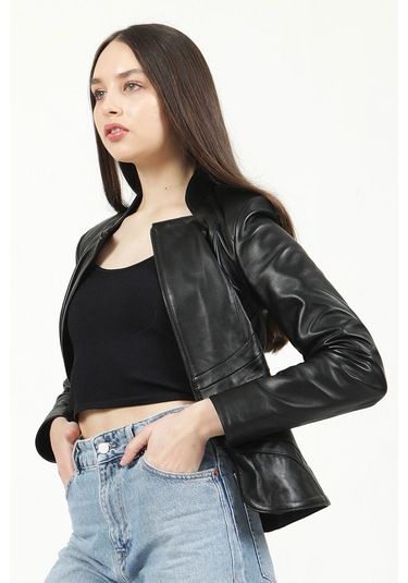 Dericlub Yb-2157 Gerçek Deri Kadın Mont Siyah