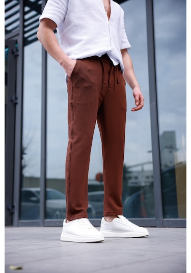 Erkek Kahve Renk Likralı Kumaş Jogger Pantolon-1757 Kahve Kahverengi