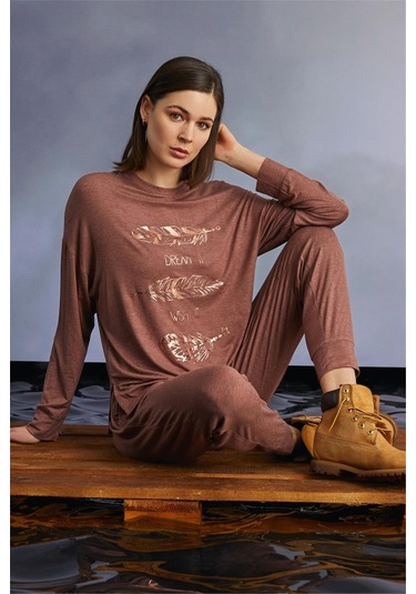Monamise 22113 Kadın Uzun Kollu Pijama Takımı-tarçın Tarçın