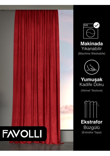Br Favolli Kadife Dokulu Kırmızı Ada Fon Perde Ekstrafor Büzgülü Dream Series Kırmızı
