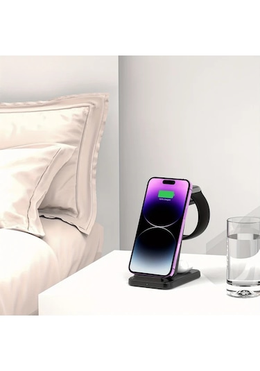 Elmpaly Black 3ü 1 Arada Hızlı Kablosuz Şarj İstasyonu İphone Uyumlu 16/15/14/13/12 İwatch 10/9/8 Airpods 1/2/3/pro