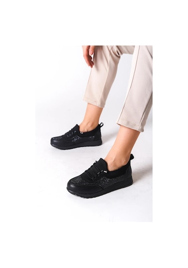 Kadın Galina Siyah Taşlı Bağcıklı Lastikli Ortopedik Rahat Taban Taş Detaylı Günlük Babet Anne Ayakkabısı-siyah Siyah