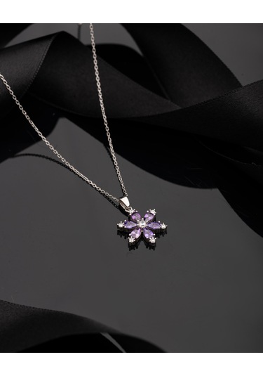 925 Ayar Ametist Taşlı Rodyum Lotus Çiçeği Gümüş Kolye Rn10303 Gümüş
