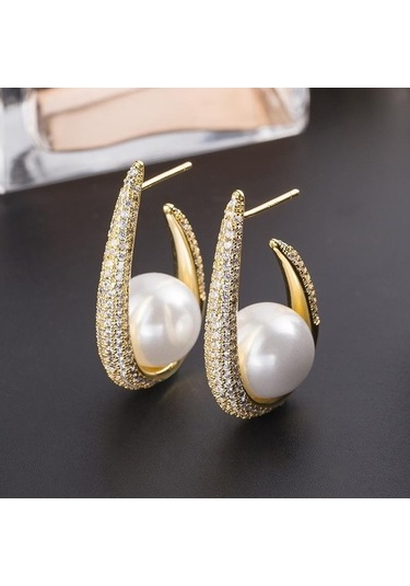 Novahub Altın Rengi Beyaz Kübik Zirkonya U Şekli Küpe Beyaz Kadın Küpe Beyaz