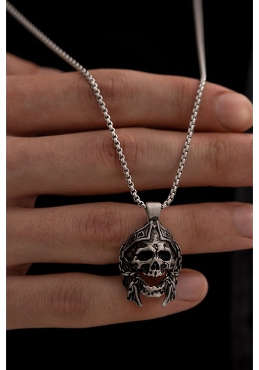 Savaşçı Kuru Kafa Figürlü Erkek Çelik Kolye - Sevgiliye - Eşe - Babaya - Arkadaşa Hediye Kolye