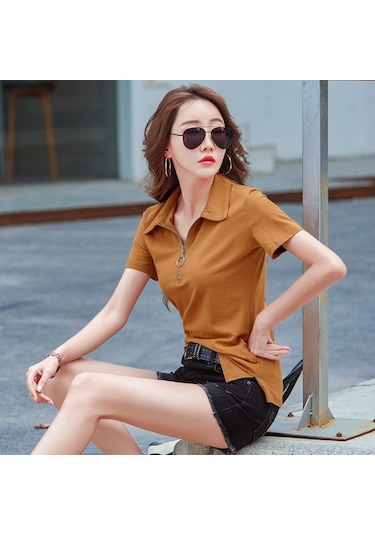 Haki Fermuar Turn-down Yaka T Gömlek Kadın Kısa Kollu Yaz Üstleri Pamuk Tshirt Kadın Kore Giysileri Tee Gömlek Femme Haki