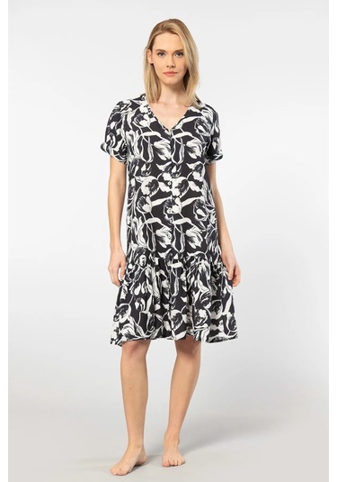 Türen 3603 Kadın Kısa Kollu Dokuma V Yaka Önden Düğmeli Elbise-siyah Siyah