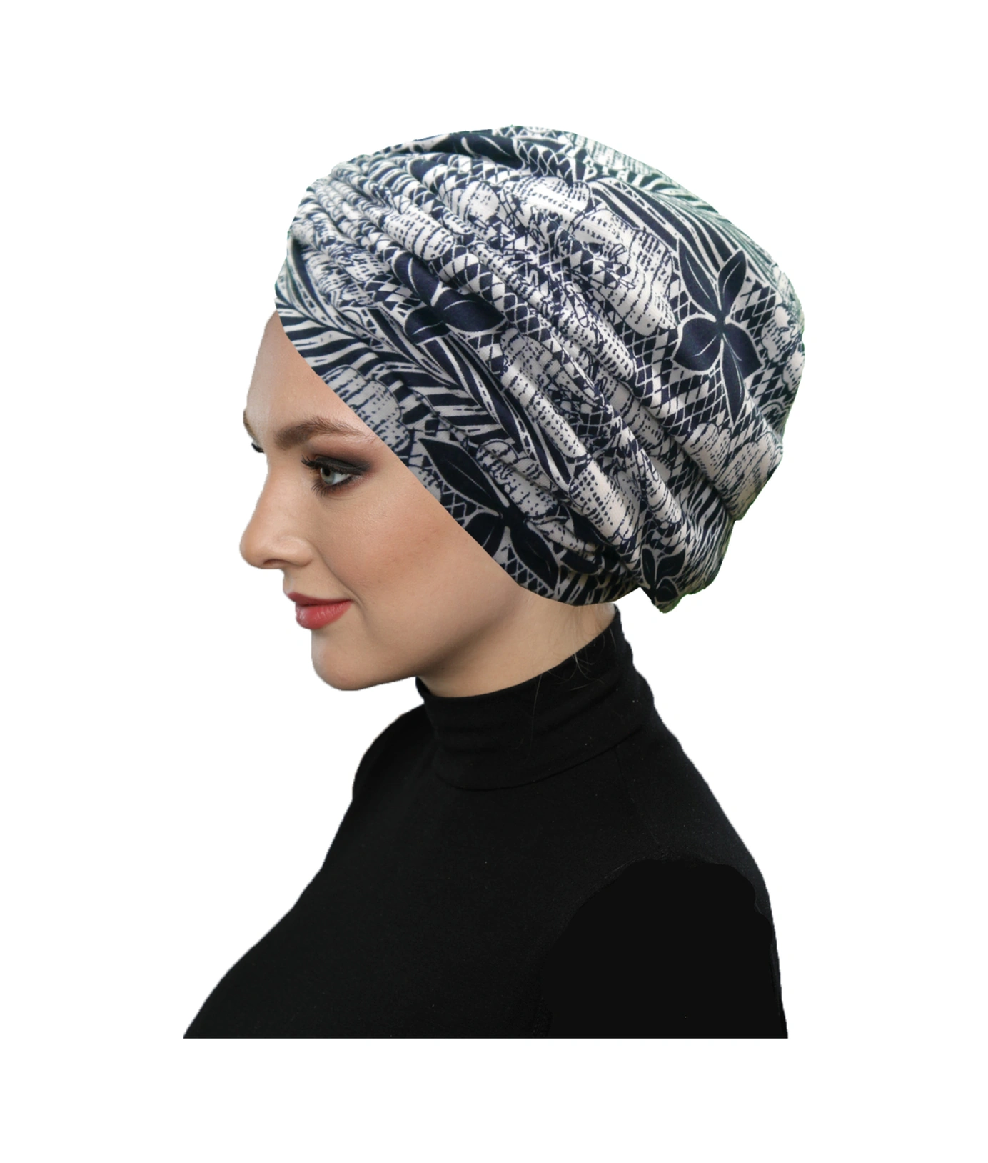 Ayışığı Çiçekleri Desenli Çapraz Ve Bant Detaylı Astarlı Hazır Türban Tesettür Havuz Bonesi Lacivert-beyaz