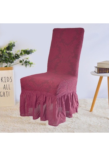 Şal Desen Jakarlı Etekli Sandalye Örtüsü, Kılıfı 6 Adet Bordo Bordo