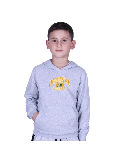 Kapüşonlu Kanguru Cepli Orıgınal Baskılı Erkek Çocuk Sweatshirt Gri