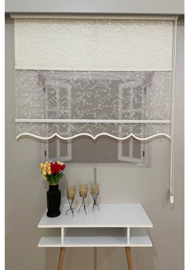 İncilifehome İcl4003 Çift Mekanizmalı Dal Desenli Tül Ve Stor Perde Kırık Beyaz Kırık Beyaz