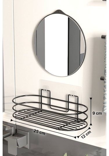 Banyo Düzenleyici 2 Li Set Ayna Ve Organizer Yapışkanlı Lüks Tasarım Ayna Kozmetik Rafı Siyah