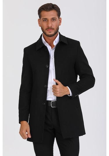 Erkek Siyah Dar Kesim Yün Karışımlı Kaşe Gömlek Yaka Palto Kaban Siyah