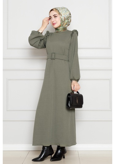 Omuzu Fırfır Kemerli Elbise-haki-4563 Haki