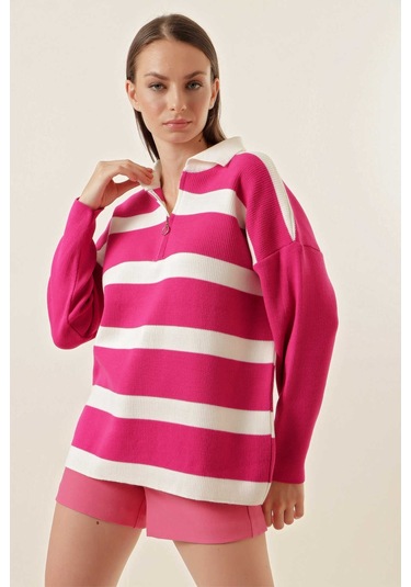 Gabria Fermuarlı Çizgili Kazak Pembe