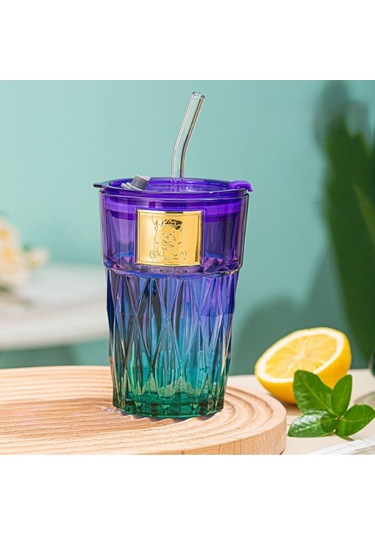 Pipetli Cam Bardak Beyaz - Mavi