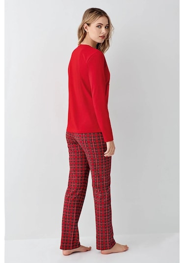 Arnetta 3514 Anne&kız Uzun Kollu Bisiklet Yaka Pijama Takımı-kırmızı Kırmızı