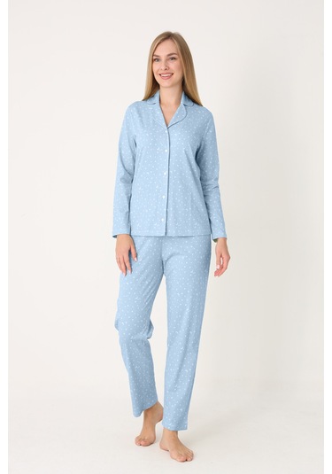 Nbb Kadın Mavi Moon And Stars Önden Düğmeli Pijama Takım Mavi