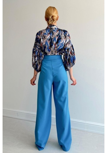 Beli Lastikli Saten Gömlek - Mavi Karışık Çok Renkli