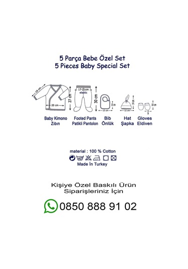 İsim Baskılı %100 Pamuk 5'li Organik Erkek Bebek Hastane Çıkışı Beyaz