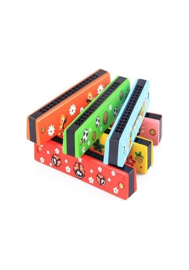 Ahşap Mızıka 16 Delikli Çift Sıralı Renkli Desenli Çocuk Mızıkası