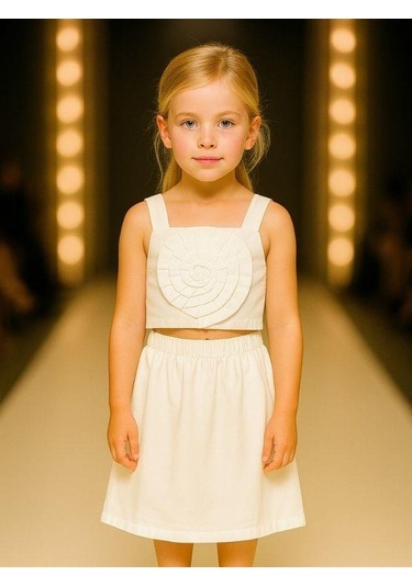 Kız Çocuk Crop Dokuma Çiçekli Etek Takım-15966 Beyaz