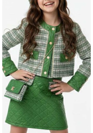 Riccotarz Kız Çocuk Kapitone Ve Altın Şerit Detaylı Şanel Yeşil Etekli Takım Yeşil