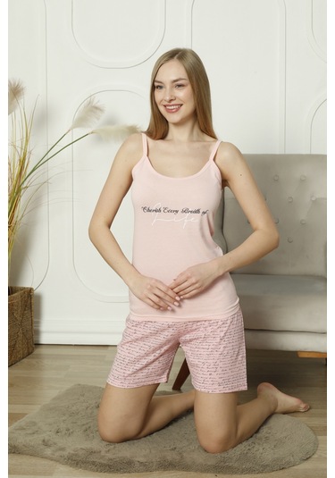 Mr 4404 Pamuklu Askılı Şortlu Takım Pijama Takımı - Pembe