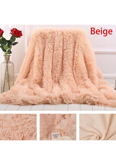 Yumuşak Taklit Kürk Mercan Polar Battaniye Kış Sıcak Bulanık Tüylü Kabarık Battaniye Kapak Lüks Peluş Bulanık Yatak Örtüsü Battaniye Yatak Bej