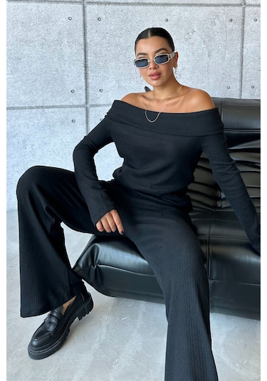 Modagen Selanik Kumaş Madonna Yaka Alt Üst Pantolonlu Takım Siyah