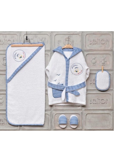 Erkek Bebek Beyaz Denizci Bornoz Seti