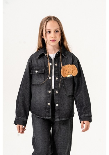 Kız Çocuk Köpek Nakışlı Kot Gömlek 3137 Siyah