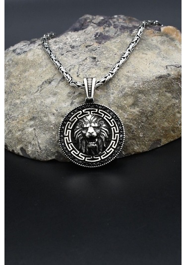 Grek Desenli Aslan Figürlü 925 Ayar Gümüş Kolye Kral Zincir 2mm 902422 Gümüş