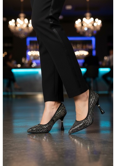 Siyah Taş İşlemeli İnce Topuklu Kadın Abiye Ayakkabı Pc-55020 Z Siyah