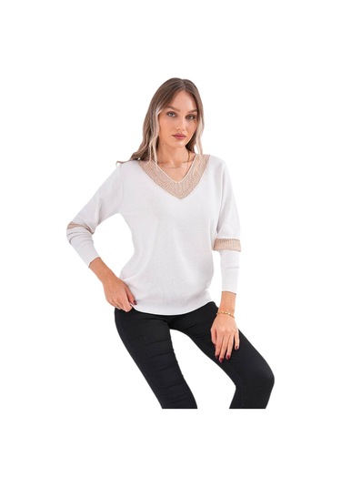 Kadın V Yaka Simli Kol Detaylı Kazak 12787 Bgl-st04108 beyaz