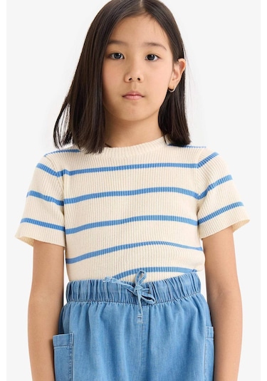 Defacto Kız Çocuk Cropped Fit Bisiklet Yaka Çizgili Kısa Kollu Kazak E4293a825smwt34 Beyaz