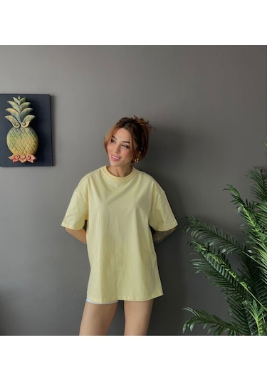 Kadın Oversize Basic Tişört Salaş Kesim Pamuklu Günlük T-shirt Sari