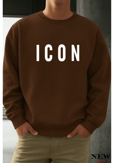 Icon Baskılı Bisiklet Yaka Sweatshirt Kahverengi