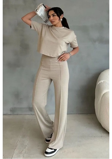 Modal Kumaş Yüksek Bel Pantolon Crop & Pantolon Takım Bej