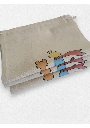 Küçük Prens Desenli Büzgülü Ham Bez Kese 20x30 Cm, 3 Adet Açık Bej