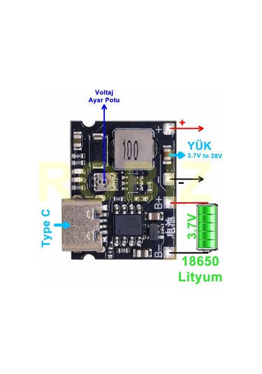 Tp4056 18650 Lityum Pil Şarj Modül Type C Ayarlı Voltaj Yükseltic