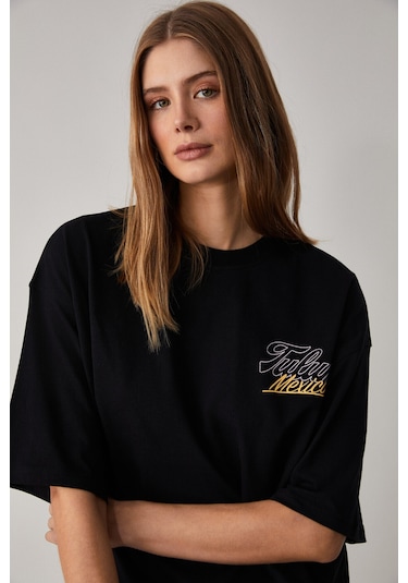 CAITLYN Kadın Oversize Bisiklet Yaka Siyah T-Shirt