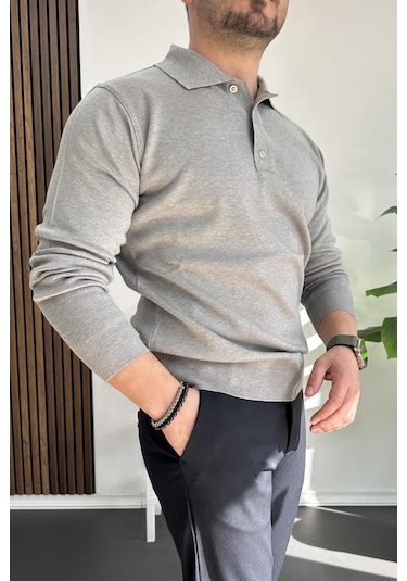 Erkek Düğmeli Polo Yaka Kazak Gri Edw231 Gri