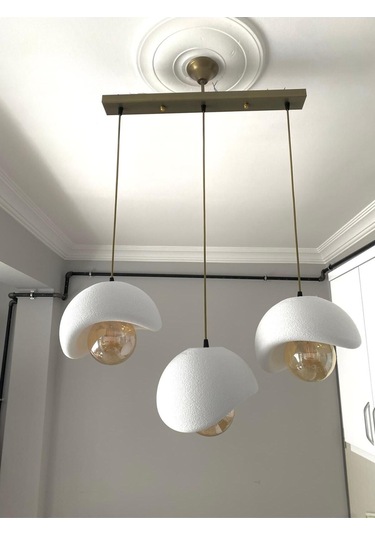 Caka Tepsili 3 Lü Sarkıt Avize Rustik E27 Modern Avize Beton Görünüm Bohem Rustik Ampul Hediyeli Eskitme - Gold