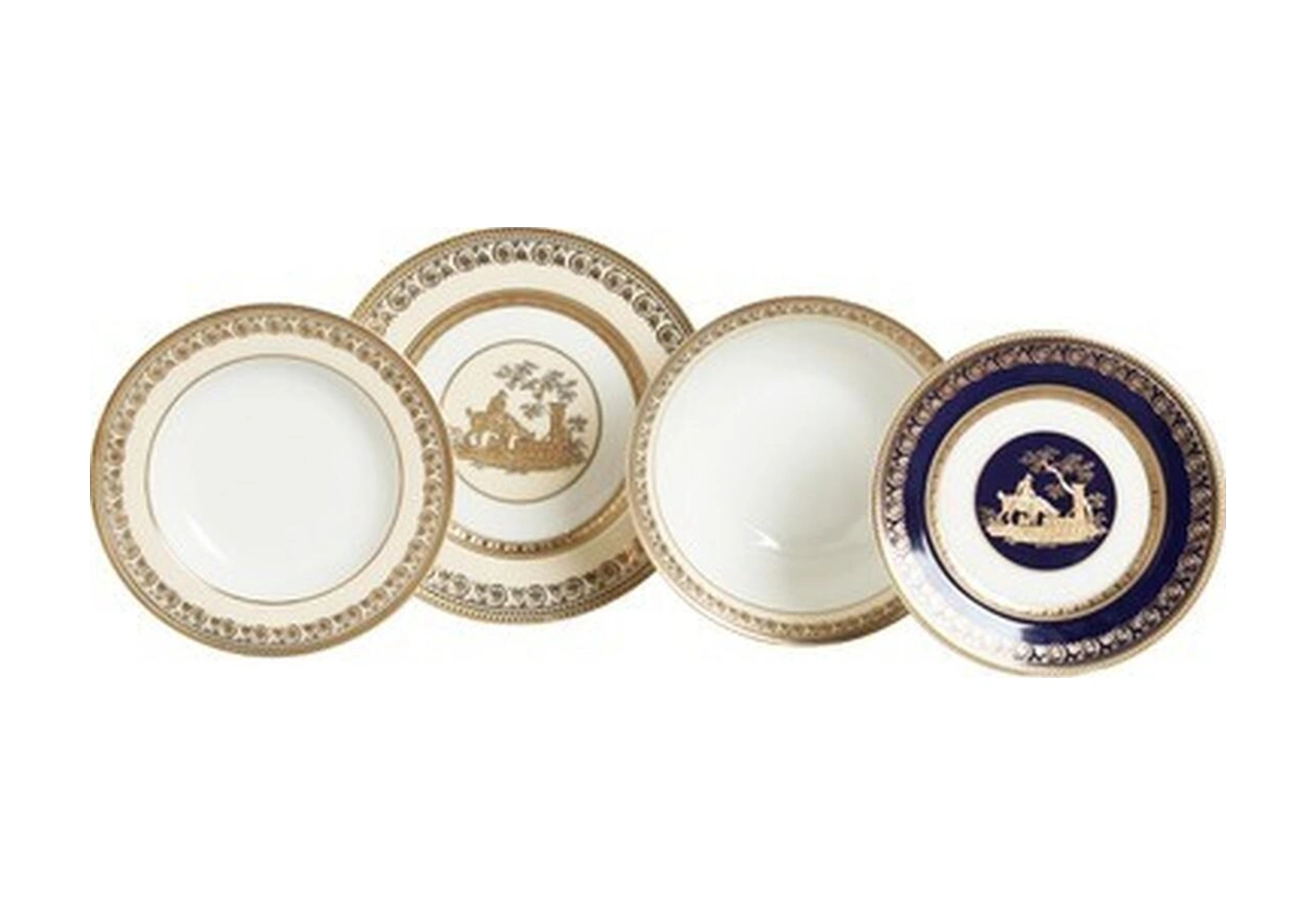Lucky Art Lavinia Bone China Porselen Gold Desen Detaylı Lacivert& Beyaz Klasik Yemek Takımı 67 Parça Süt Beyazı